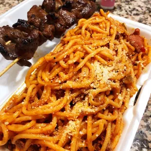 Filipino spaghetti and bbq