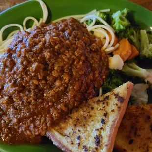Spaghetti and Meat Sauce. Served with classic Texas toast and steamed veggies