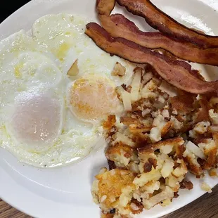 Eggs, hash browns, and bacon