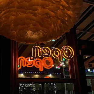 an open sign in a restaurant