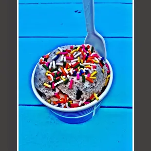 Cookie Crumble ice cream with sprinkles. $5.00 I wish the cup was a little bigger. Lol