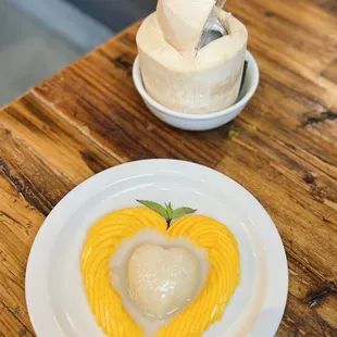 Fresh, coconut water and mango, sticky rice