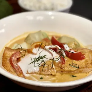 Salmon Panang with bok choy.