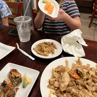 Cincy roll,  pad see ew with chicken, salmon nigiri