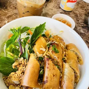 Vermicelli w/spring rolls &amp; Vietnamese iced coffee.
