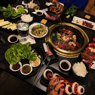 Tuesday 10 meat $45 Happy Hour Special + extra short rib, extra pork belly, waygu beef, gyozas, rice &amp; veggies