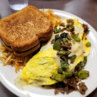 an omelet and toast on a plate