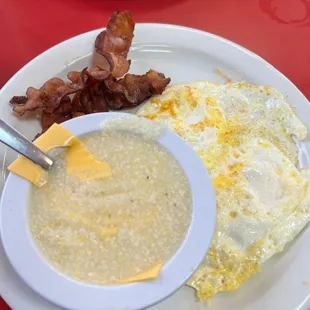 2 eggs, 2 bacon and side of grits with cheese