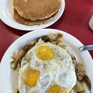 Skillet and side of pancakes. Awesome!