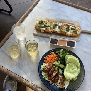 Basil Haydens, Thai Chicken Lettuce Wraps, Margherita Flat Bread