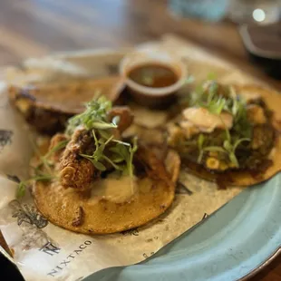 Fried chicken, Nixtaco combination, and Quesabirria tacos