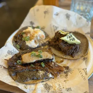 Pork Belly, Short Rib Barbacoa and Shrimp Porky. All delicious.