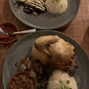 Chicken enchiladas with a mole sauce. And baked chicken