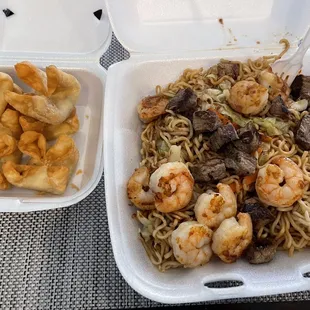 Crab Rangoon and Steak &amp; Shrimp Soba