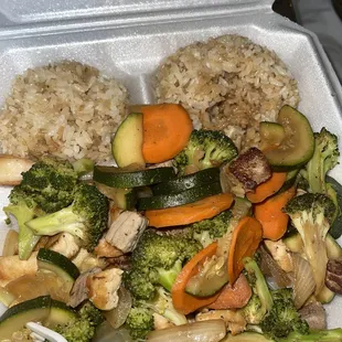 Steak, Shrimp and Chicken plate with fried rice. Soooo good!