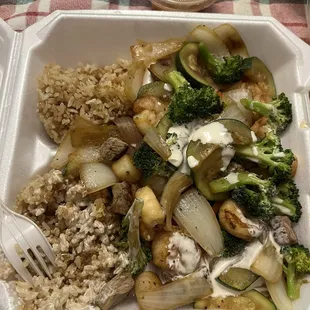 Steak, shrimp and scallop rice plate for $13.99