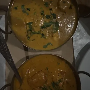 Shrimp Malabar &amp; Chicken Tikka.  So delicious you want to slowly eat them with a spoon to savor every single bite.