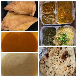 Everything that comes with the Vegetarian Thali dinner (yogurt, salad + raita not shown) + separate order of garlic naan and samosas