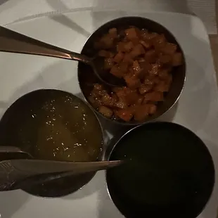 To go with the cracker like bread they bring to table.   Deep spicy carrots, apples with a vinegary flavor and parsley.