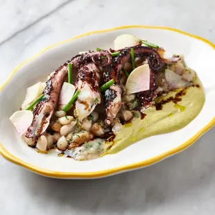 GRILLED OCTOPUS - grilled octopus &amp; spring onions, celery, canellini beans, corn puree, chili oil