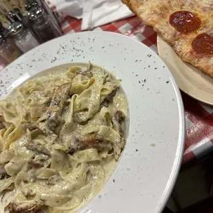 Chicken Alfredo and a slice of pepperoni