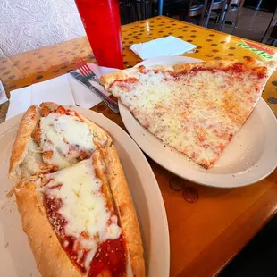 Chicken parmigiana sub and 2 slices of cheese pizza!