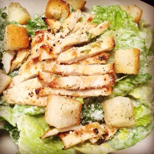 Grilled Fresh Chicken Breast Caesar Salad with homemade garlic croutons.