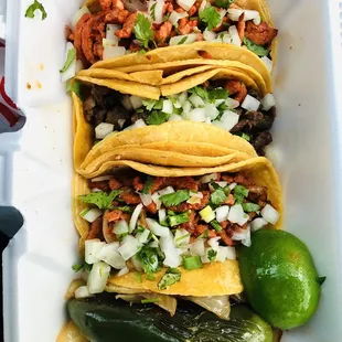 Al Pastor, Pollo, and Fajita Tacos