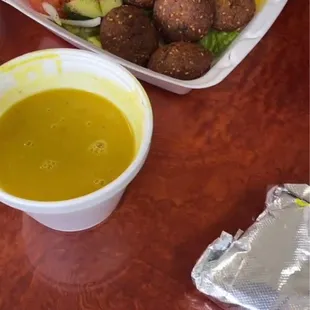 Falafel with rice and their fresh soup.