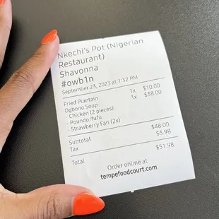 Receipt of total for meal