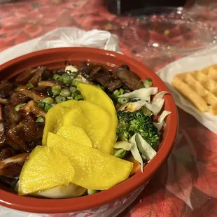 Chicken bowl and I got a free waffle.