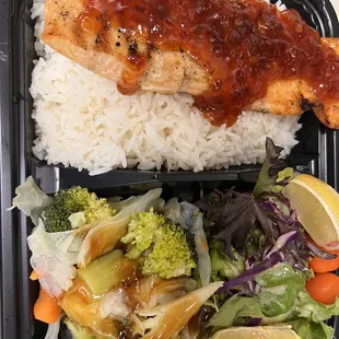 Salmon Plate w/ Sweet and Sour Spicy Sauce, and Vegetable and Salad