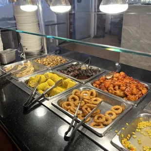 Corn, onion rings, buffalo chicken