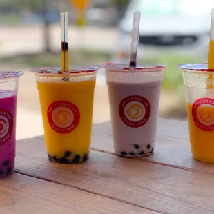 three different flavors of boba tea