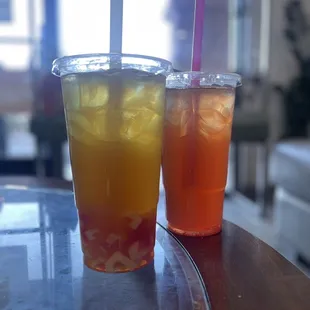 White Peach Oolong with rainbow jelly and Strawberry Green Tea