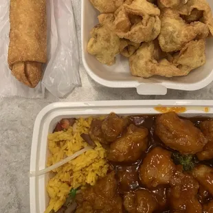 General Tso Chicken, fried wonton, and egg roll