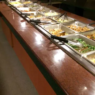 a buffet full of food