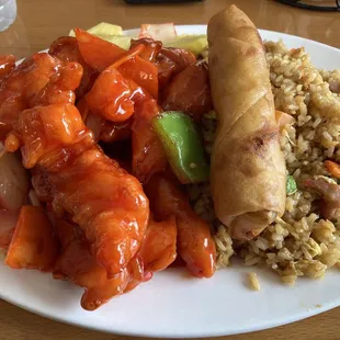Beautifully flavorful and looking sweet &amp; sour chicken, tasty fried rice and single but good egg roll!!