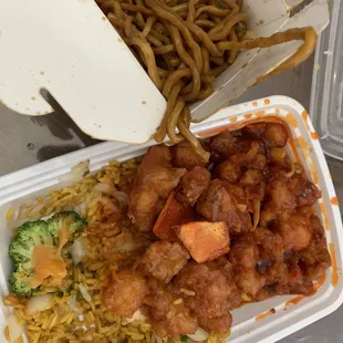 Orange chicken. &quot;Chicken Fried rice&quot; and chicken lo Mein.