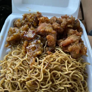 Chowmein, orange chicken, mochiko chicken