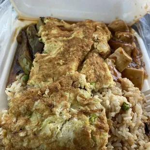 Fried rice, egg fuyong, eggplant, mapo tofu