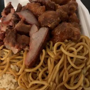 Half n half with orange chicken and bbq pork.