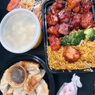 general tsos chicken, pan fried pork dumplings &amp; egg drop soup