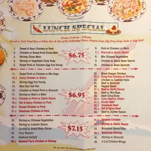 The lunch menu. The item comes with either white rice or pork fried rice. You also get a choice of soup or soda or egg roll.