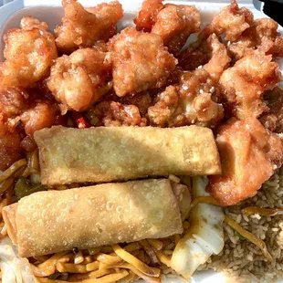 Orange chicken, Sesame chicken, Lo mein/Fried rice. 2 egg rolls, didn't want chicken stick.
