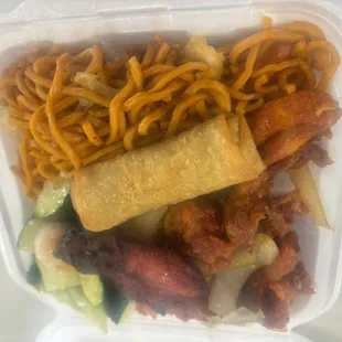 A box of lo mein (soft noodles), peppered chicken, &amp; stir fry seafood (shrimp &amp; imitation crabs) - $8.75