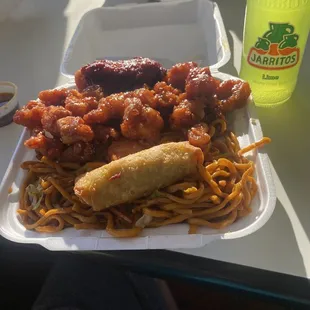 Lo Mein with Sesame and Orange Chicken. Egg Roll and Bottled Lime Soda