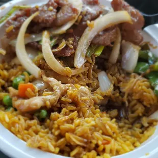 The Mongolian beef lunch special, it's not half and half because the Mongolian beef is on top of a bed of chicken fried rice.