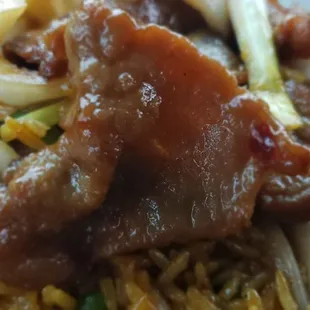 The tender beef up close from the Mongolian beef lunch special.