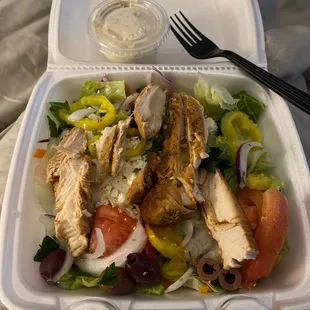 Greek chicken salad  Chicken breast so tender I cut it with a plastic fork.